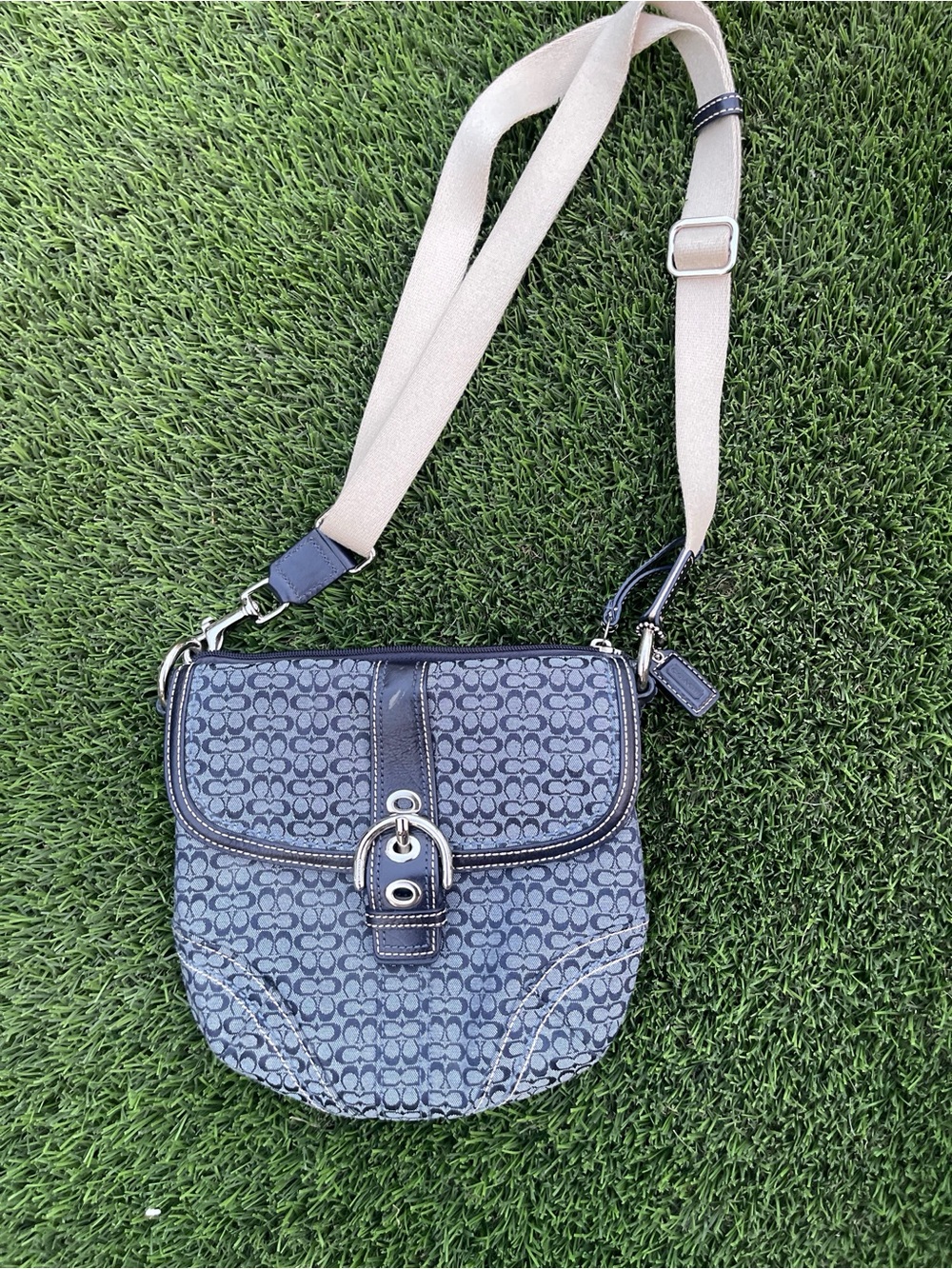 Vintage Coach Soho Signature Jacquard Flap Crossbody Bag Blue Grey Y2K